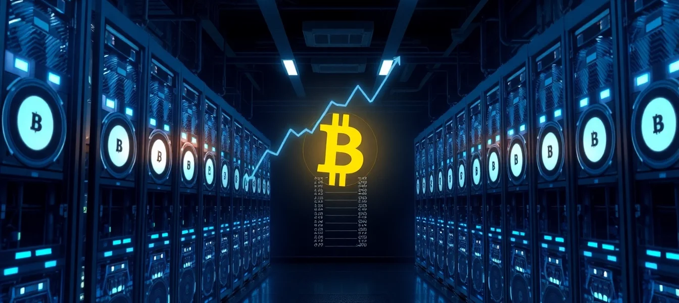 Explore the advanced Bitcoin mining setup showcasing powerful mining rigs and rising Bitcoin trends.