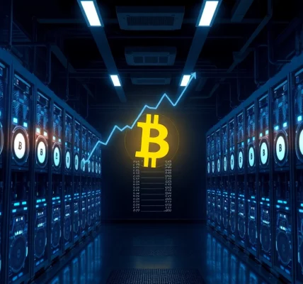 Explore the advanced Bitcoin mining setup showcasing powerful mining rigs and rising Bitcoin trends.