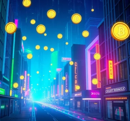 Explore a vibrant futuristic city showcasing Crypto technology with hovering digital coins.
