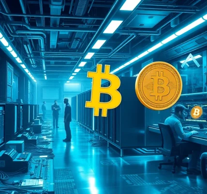 Illustrate miners engaged in Bitcoin mining, utilizing advanced technology in a futuristic facility.