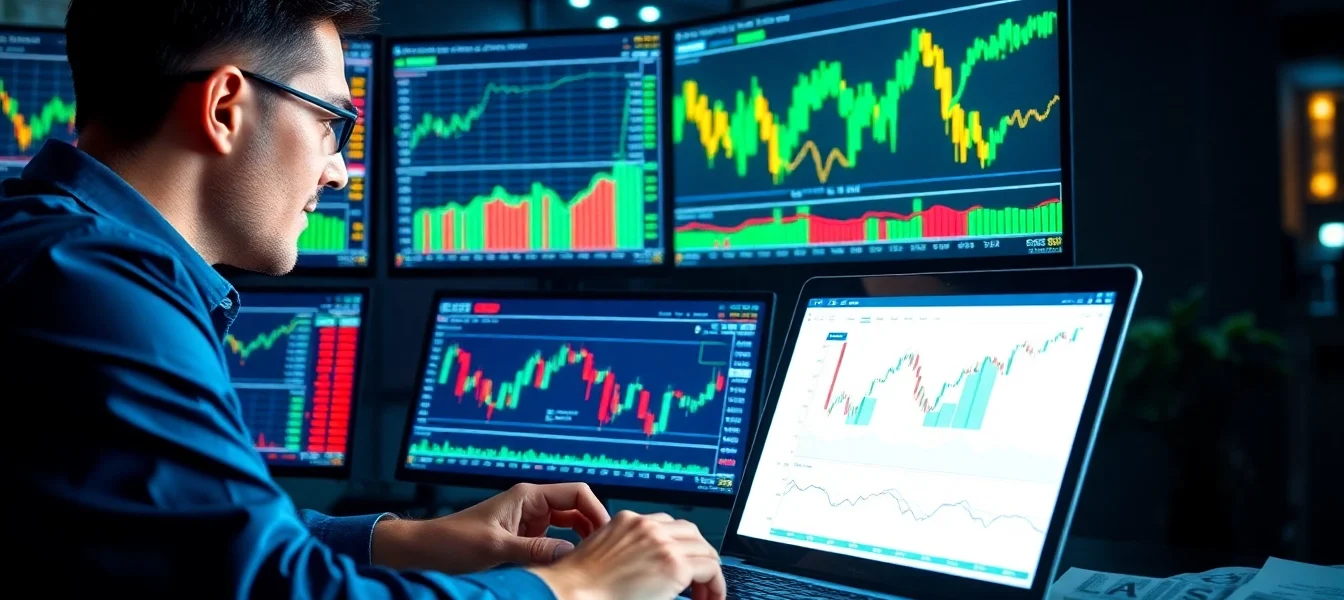 Explore advanced cfd trading techniques with a trader analyzing market data on multiple screens.
