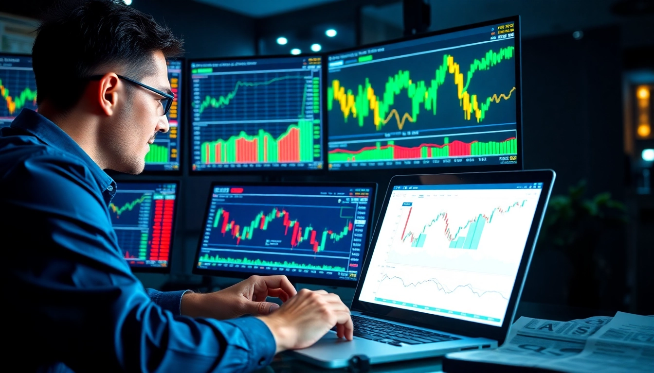 Explore advanced cfd trading techniques with a trader analyzing market data on multiple screens.