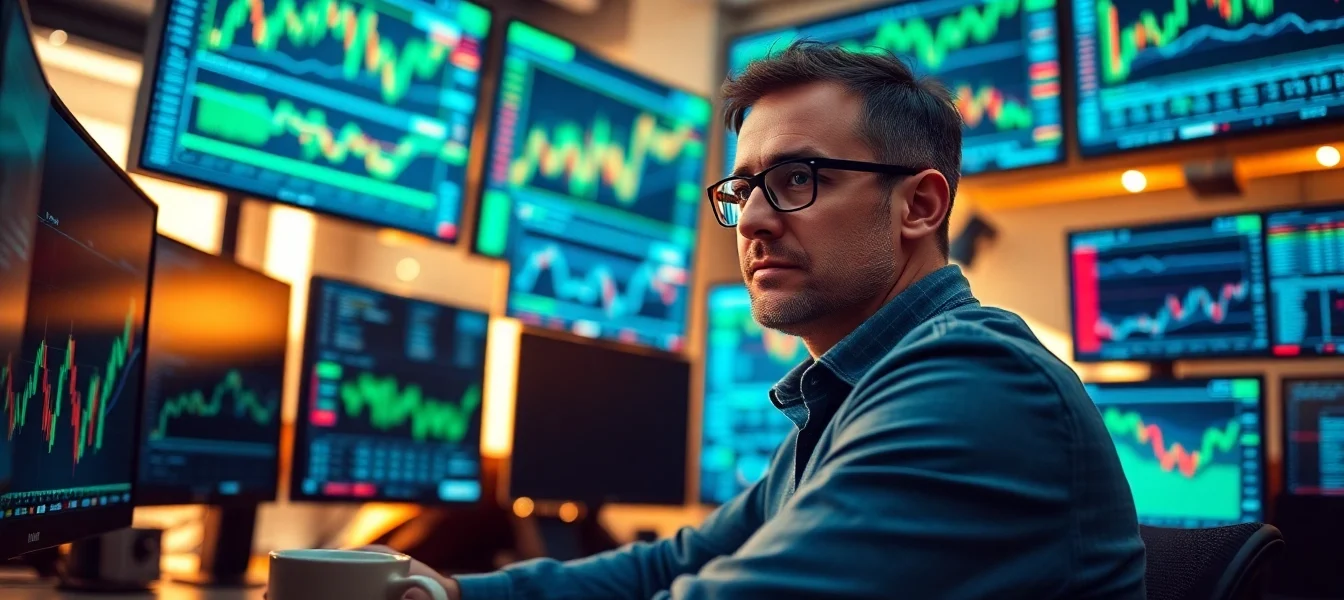 Engage in cfd trading with a trader focused on market analysis, surrounded by digital charts and data.