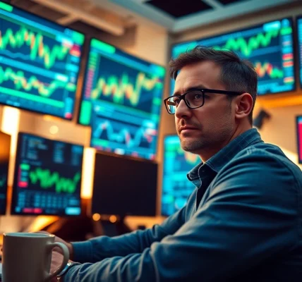 Engage in cfd trading with a trader focused on market analysis, surrounded by digital charts and data.