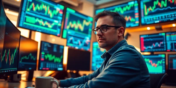 Engage in cfd trading with a trader focused on market analysis, surrounded by digital charts and data.