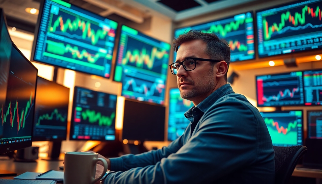 Engage in cfd trading with a trader focused on market analysis, surrounded by digital charts and data.