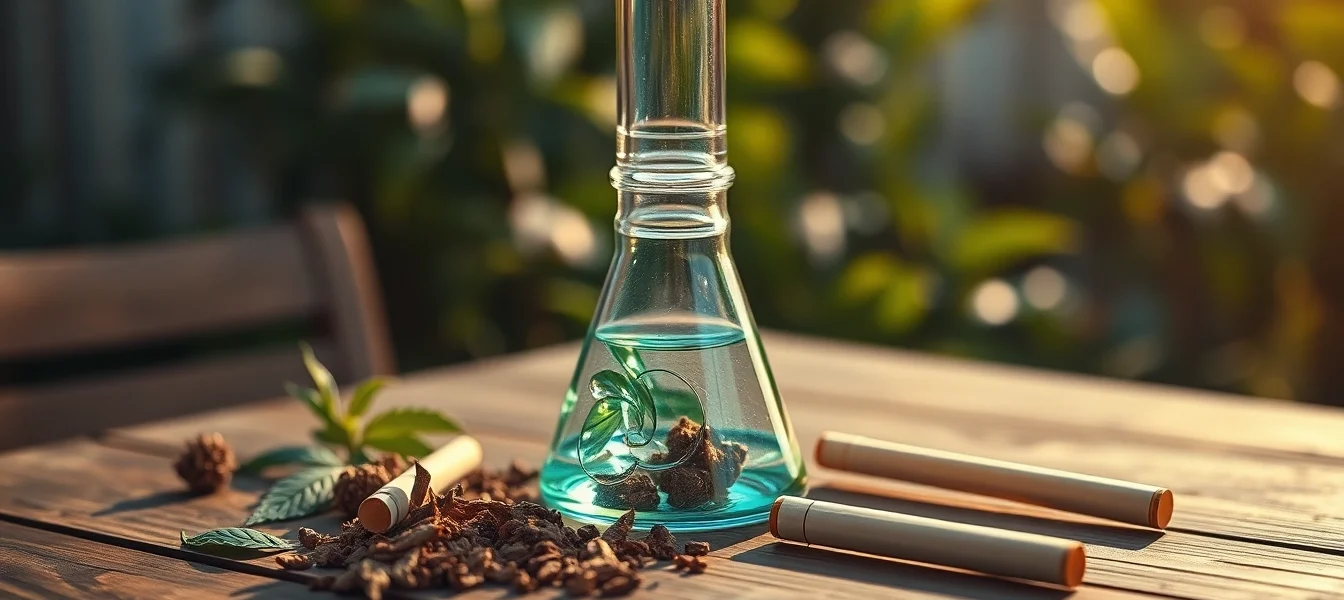 Explore this beautifully crafted bong, showcasing intricate glasswork amidst natural herbs.