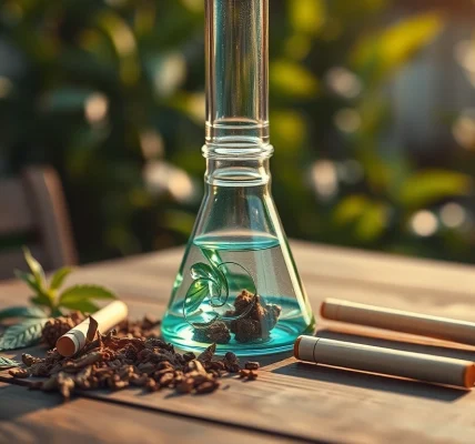 Explore this beautifully crafted bong, showcasing intricate glasswork amidst natural herbs.