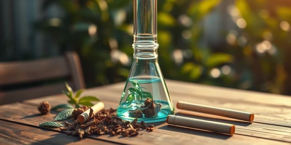 Explore this beautifully crafted bong, showcasing intricate glasswork amidst natural herbs.